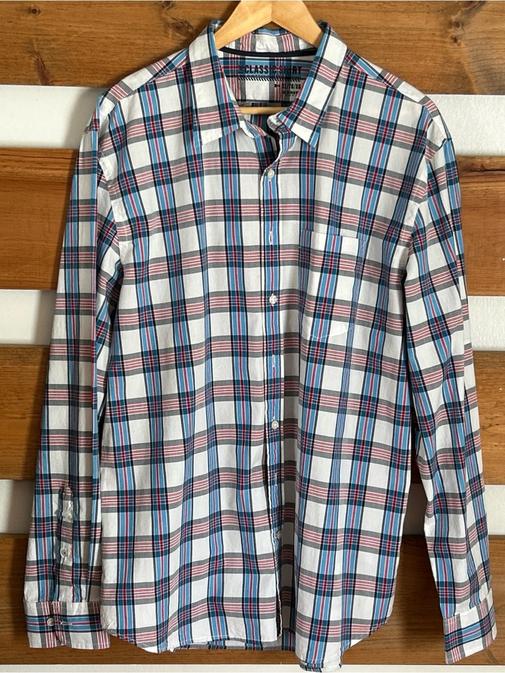 Old Navy The Classic Slim Fit Blue Plaid Button Down Long Sleeve Pocket Shirt XL